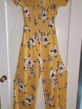 Sienna Sky XS Mustard Yellow Floral Off-Shoulder Smocked Wide Leg Jumpsuit